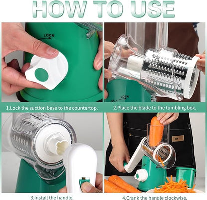 Cambom Rotary Cheese Grater Hand Crank Cheese Shredder for Fresh Cheese, Vegetable, Nuts,Non-slip Suction Base, Free Cleaning Brush Three Blades, Deep Green