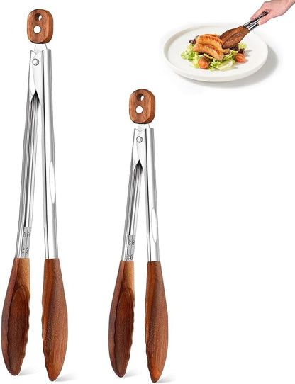 Wooden Tongs for Cooking Set of 2 (9" and 12") Natural Walnut Wooden kitchen Tongs for Grilling, Serving, BBQ and Tossing Salad etc | Ergonomic Stainless Steel Non-Slip Grip, Heat Resistant, Pull Lock