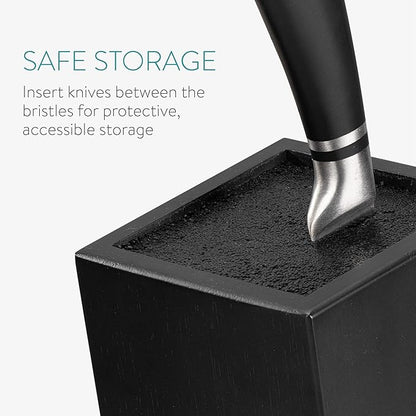 Navaris Universal Knife Block Holder - Rubber Wood Stand with Bristles to Fit Different Sizes of Knives - Angled Design, 9.8" x 5.9" x 4.1’" - Black