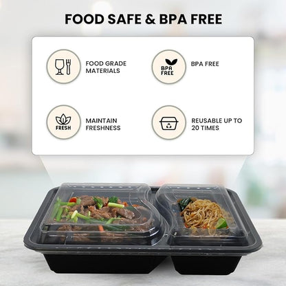 Klex 32 Oz, 150 Sets 2 Compartment Meal Prep Containers with Airtight Lids, BPA Free, Reusable Plastic Food Container, 32 oz, Rectangular, Black/Clear, 150 Sets