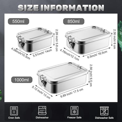 Umigy 3 Pcs Stainless Steel Food Containers 550/850/1000ml Metal Bento Lunch Box Stainless Steel Food Storage Containers, Lockable Clips to Leak Proof, Reusable Dishwasher Snack Boxes for Work
