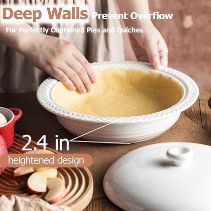Deep Dish Pie Pan with Lid, 11 inch Ceramic Pie Dish, Round Baking Dish for Apple, Quiche, Pot Pies, Tart, etc, Microwave, Dishwasher, and Oven Safe