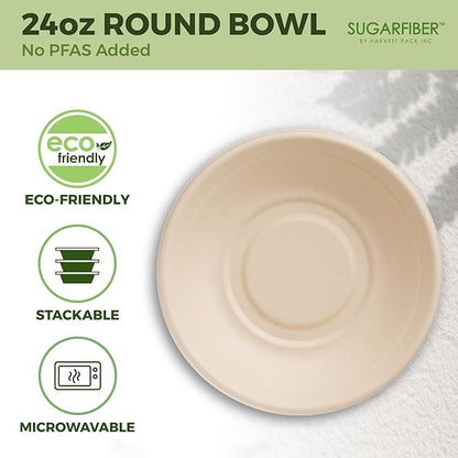 [500 COUNT]Sugarfiber by Harvest Pack PFAS FREE 24oz Round Soup Paper Bowls - Compostable Heavy-Duty Eco-Friendly Disposable Bagasse Bowl sugarcane made plant fibers for Meal Prep