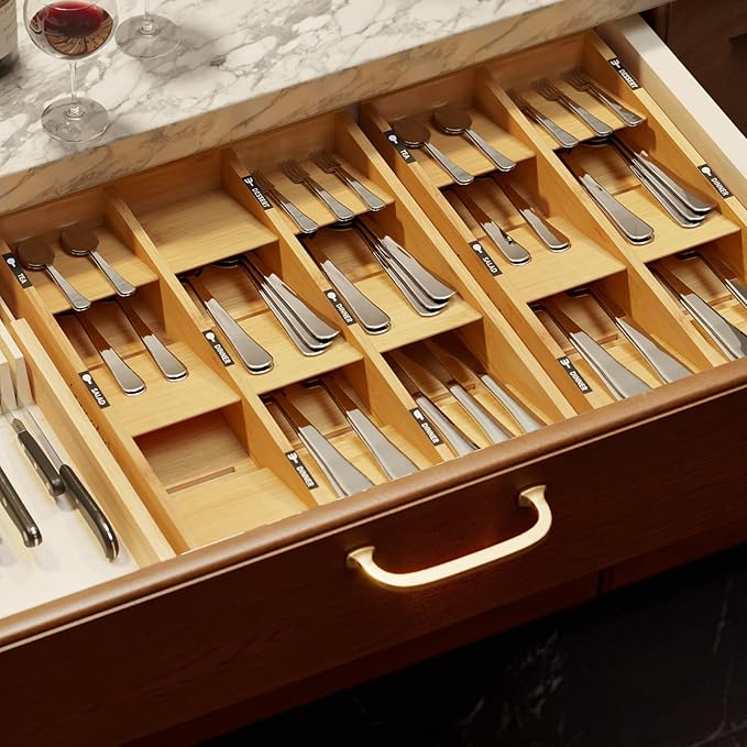SpaceAid Bamboo Silverware Drawer Organizer (Need 3" Deep Drawer), Kitchen Utensil Tray Holder Organizer for Flatware, Cutlery, Spoon and Knives Storage Organization (9 Slots)