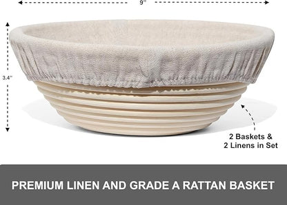 Premium Bread Proofing Set with Acacia Wood - Sourdough Bread Baking Supplies, 2 Rattan Banneton Baskets, 2 Basket Covers, Brush, Metal Scrapper, Plastic Scrapper, Scoring Lame, 5 Blades & Case