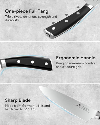 Knife Set, Kitchen Knife Block Sets with Sharpener, 6 Steak Knife Set Serrated with Block, 15 PCS Forged German Stainless Steel Rust Proof Knives, Dishwasher Safe Black, New Beveled Design