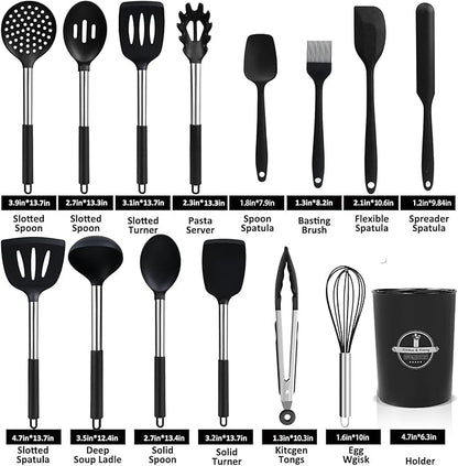 KSENDALO Silicone Cooking Utensils Set of 26, Heat Resistant Kitchen Utensils Set of Spatulas, Spoons, Whisk, Tong, Non Toxic Black Kitchen Tool Set with Holder for Nonstick Cookware, Dishwasher Safe