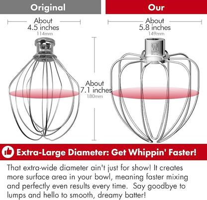 Heavy Duty Whisk Attachment for KitchenAid 5Plus-6QT Bowl-Lift Stand Mixers- Extra Thick Stainless Steel Wire Whip for Fast Whipping, Perfect for Large Batches, Dishwasher Safe