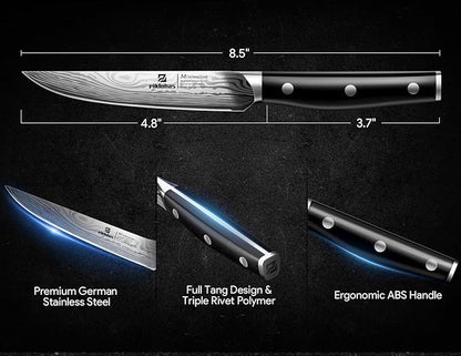 Steak Knives Set of 8 with Drawer Organizer Built-in Sharpener, 4.6 Inch Non Serrated Dinner Knife, Forged German Steel Damascus Pattern Straight Edge Meat Knife with Full Tang Handle, Black