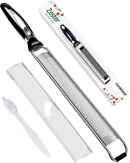 Ourokhome Kitchen Lemon Zester, Stainless Steel Hand Held Parmesan Cheese Grater for Ginger, Chocolate, Coconut, Lime, Nutmeg, Citrus, Fruit, Vegetable with Cleaning Brush, Dishwasher safe, Black