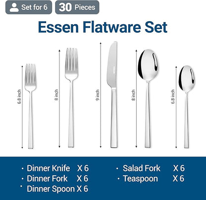 Essen Flatware Set for 6, 30-Piece Silverware Set, Premium 18/10 Stainless Steel Utensils with Mirror Finish, Modern Silverware for Daily Use, Hosting, or Housewarming Gifts