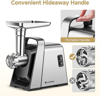 AAOBOSI Meat Grinder Electric, [3000W Max] Meat Grinder Heavy Duty with 2 Stainless Steel Blades & 4 Grinding Plates, Sausage Maker & Kibbe Kit for Home Kitchen Using