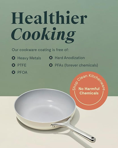 Caraway Ceramic Nonstick Fry Pan Set with Glass Lids – Includes Two 10.5” Fry Pans, One 8” Fry Pan, & Three Lids - Non Toxic, PTFE & PFOA Free - Oven Safe & Compatible with All Stovetops - Sage