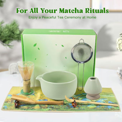 Matcha Whisk Set, 9PCS Ceramic Matcha Tea Set Includes Bowl, Whisk and Holder, Bamboo Scoop, Scoop Rest, Sifter and Tea Towel for Traditional Matcha Ceremony Matcha Lovers