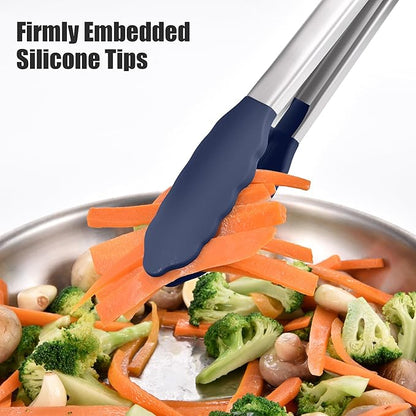 Doosu Kitchen Tongs for Cooking - 600°F Heat Resistant Food Tong with Non-Scratch Silicone Tips, Heavy Duty Stainless Steel Locking Tong for BBQ, Grilling Steak, Serving Salad Pasta (16in, Navy Blue)