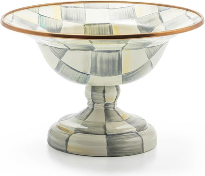 MACKENZIE-CHILDS Enamel Compote, Cute Enamel Pedestal Serving Dish or Decorative Bowl, Small, Gray-and-White Sterling Check