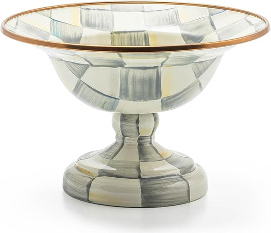 MACKENZIE-CHILDS Enamel Compote, Cute Enamel Pedestal Serving Dish or Decorative Bowl, Small, Gray-and-White Sterling Check
