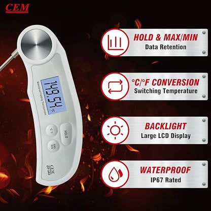 CEM Professional 3X Faster 0.5sec Instant Read Meat Thermometer Digital, High Accuracy ±0.5°F, IP67 Waterproof, 5.9" with Ambidextrous Instant Read Thermometer Backlight Fry Oil Candy Thermometer