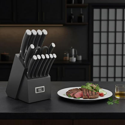 Newly Updated Chef Knife Set Sharp Blade Rivet Ergonomic Handle Knife Block Set Hundreds of Years of Masterful Craftmanship(Black,15PCS)