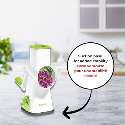 Starfrit Rotary Drum Grater - 4 Interchangeable Stainless Steel Drums - Slicing, Coarse and Fine Grating, Ice Shaving - Great for Vegetables, Cheese, Nuts, Chocolate