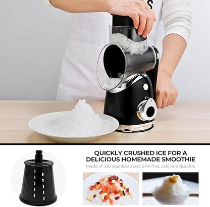 SUSTEAS Rotary Cheese Grater with Handle,Vegetable Slicer with 6 Interchangeable Blades, Reinforced Suction,Easy to Clean,Kitchen Shredder for Crushed Ice,Fruits and Nuts with Blade Storage Case,Black