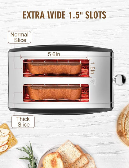 Toaster 2 Slices, Stainless Steel JEWJIO Retro Toaster with 1.5" Extra Wide Slot for 6 Bread Shades Setting/Bagel/Defrost/Reheat/Cancel Function/Removable Crumb Tray 800W, Matte Black