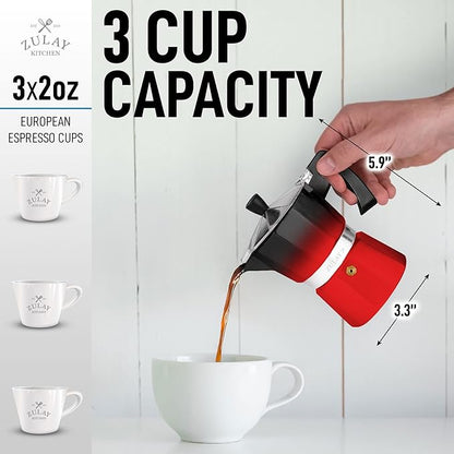 Zulay Classic Stovetop Espresso Maker for Great Flavored Strong Espresso, Classic Italian Style 3 Espresso Cup Moka Pot, Makes Delicious Coffee, Easy to Operate & Quick Cleanup Pot (Red/Black)