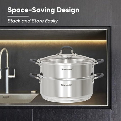 SUNHOUSE - 5.5 Quart Steamer Pots With Lid 2-Tier Multipurpose Stainless Steel Steaming Pot Cookware With Handle For Vegetable, Dumpling, Sauce, Food - Triple Bottom, Measurement Line