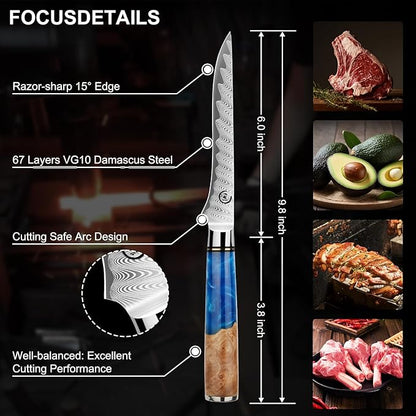 6-Inch Boning Knife, VG10 Damascus Steel Core, Ultra-Sharp Fillet Knife for Fish & Meat Cutting, Ergonomic Blue Resin & Wood Handle, Ideal Gift for Chefs and Cooking Lovers