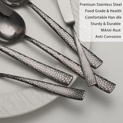 Large Hostess Serving Utensils Set, Stainless Steel Heavy Duty Hammered Serving spoons, Slotted Spoons, Serving Fork, Cake Server, Butter Knife, Dishwasher Safe（Black）
