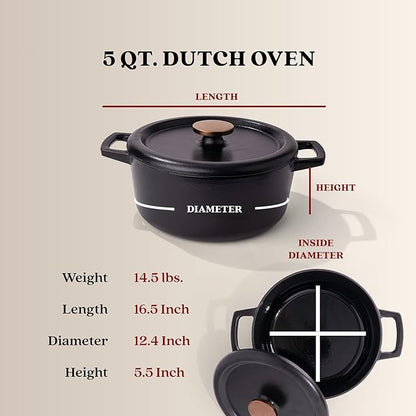 Alva Nori 5-Qt Enameled Cast Iron Round Dutch Oven – Made With No PTFE/PFOA/PFAS, Oven & Induction Safe – 3-Layer Enamel, No Seasoning Needed – Durable, Easy-Clean Cookware for Healthy Cooking, Black