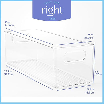 Plastic Food Storage Clear Container Bin with Handles for Organizing Kitchen, Pantry, Fridge, Freezer, Pantry,Bathroom. 16"x6"x5"