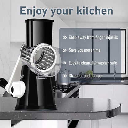 KEOUKE Rotary Cheese Grater Hand Crank Black - Shredder Slicer Grinder 3 Stainless Steel Blades, Stable Suction, Labor-Saving Handle, Safe Kitchen Tool for Cheese, Vegetable, Nuts, Chocolate
