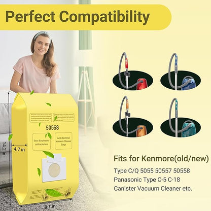 50558 Canister Vacuum Bags Replacement for Kenmore Canister Type C/Q 5055, 50555, 50557, 50558 and Pana·sonic Type C-5, C-18, 200 Series, 400 Series, 600 Series, 800 Seires Vacuum - 12 Pack
