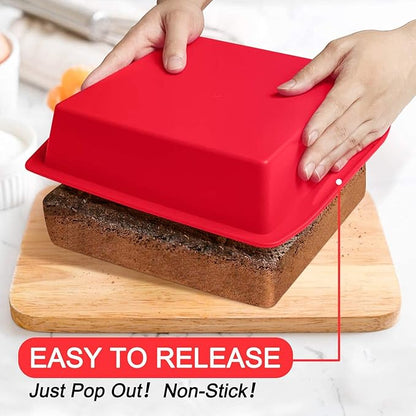 Walfos Silicone Square Cake Pan, 8 inch, Red, BPA Free, Non-Stick, Heat Resistant, Easy to Clean and Store, Ideal for Brownies, Cakes, Bread, Pie, Lasagna, and More