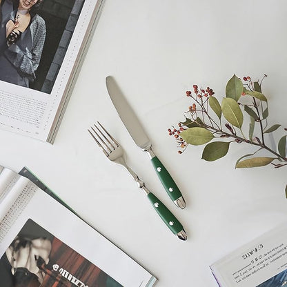 Silverware Set For 8 with Two Rivets, Vintage 40-Piece Everyday Flatware Set with Green Bakelite Handle, Stainless Steel Cutlery Set, Dishwasher Safe, Knives Spoons and Forks Set