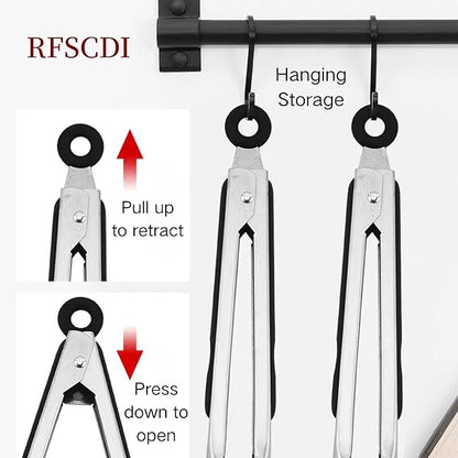 Stainless Steel Kitchen Tongs & Basting Brush Set – Heat Resistant Up to 600°F, Metal Locking Tongs for Cooking, Grilling, Baking & Barbeque (Silver, 9+12 inch)