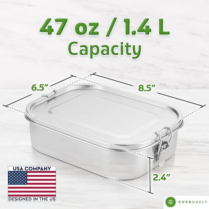 Everusely - Bento Box - Stainless Steel Lunch Box for Adults - 47 oz, 1.4 L - 5 Compartment Snack Container with Removable Silicone Seal & Secure Lock Clips - Leakproof & Dishwasher Safe