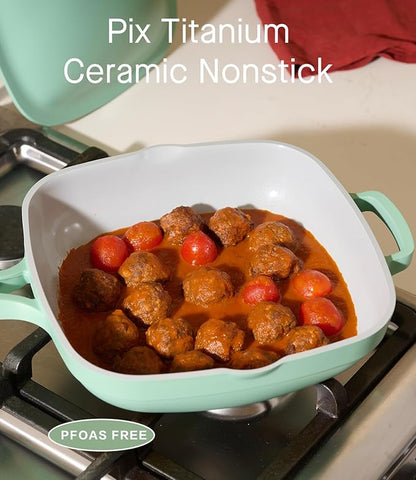 10.5 Inch(3.8QT) Ceramic Pan with Lid,Non Stick Frying Pans Cast Aluminum Deep Sauté Pans,Ti-Ceramic Non Toxic Pix Pan with Wooden Spatula and Scrubber-Mint Haze