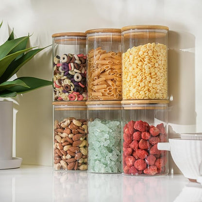 32oz Straight Cylindrical Airtight Storage Containers with Bamboo Lids Set of 6, Round Stackable Canisters, Food Jars, Pantry Organizers for Sugar, Cookies and Coffee beans (with Black Lable)