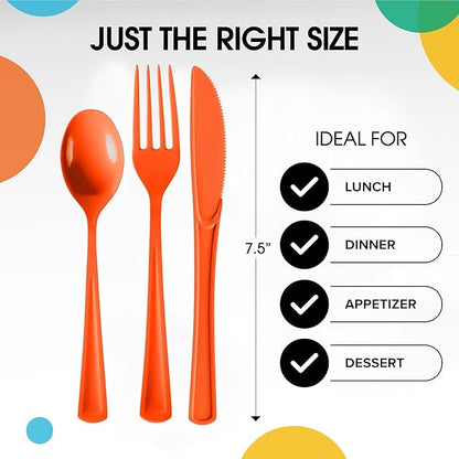 Party Solids Orange Plastic Silverware Heavy Duty 150 Pieces Orange Plastic Cutlery Sets, Utensil Sets, 50 Of Each Forks, Knives & Spoons Disposable Cutlery Set, Flatware Set For Party Supplies