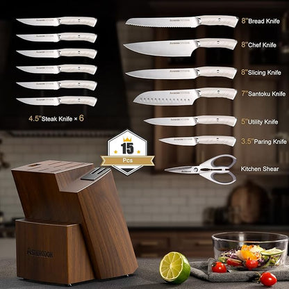 Astercook Knife Set Kitchen with Block and Dual Sharpener Full Tang 15 Pcs German Stainless Steel Knives Dishwasher Safe Kitchen Utensils Set with Anti-slip Ergonomic Handle, Elegant White