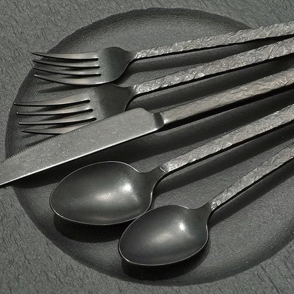 KINGSTONE 30 Pcs Black Hammered Silverware Set for 6, 18/10 Stainless Steel Heavy Duty Flatware Set, Tableware Cutlery Utensil Sets for Home Restaurant Dishwasher Safe