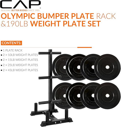 CAP Barbell 2-Inch Olympic Bumper Plate Weight Set with 6 Post Rack | 100-370 lbs | Multiple Options