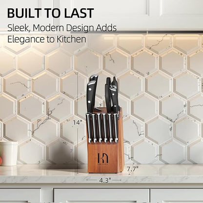 Knife Set, 15 Pcs Kitchen Knife Block Sets with Sharpener, Japanese High Carbon Stainless Steel Set of Knives, Premium Razor Sharp Black Knives Set with Block for Kitchen, Ergonomic Handle