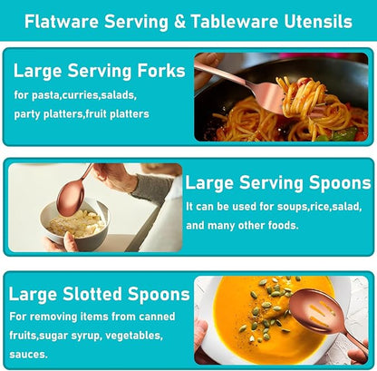 Serving Utensils, 15 Pcs Stainless Steel Large Flatware Serving Tools Kit, Included Spoons, Forks, Tongs, Slotted Spoon, Ladle, Cake Server for Catering Banquet Wedding Buffet Party, Rose Gold
