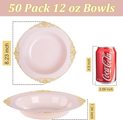 Nervure 50PCS Pink Plastic Bowls with Gold Rim - 12oz Disposable Soup Bowls, Heavy Duty Salad Ice Cream Bowl Perfect For Weddings, Parties and Everyday Use