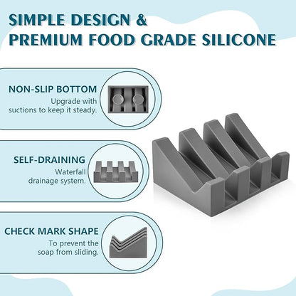 Self Draining Soap Dish,Silicone Suction Cup Soap Holder, Bathroom Soap Dish for Bar Soap,Can Extend Soap Life,Bathroom, Bath Tub, Kitchen Sink (4, Grey)
