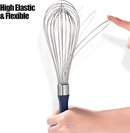 18/8 Stainless Steel Balloon Whisk, Doosu Kitchen Whisk for Cooking Handheld Egg Beater with Rust-Proof Sturdy Wires & Non-Slip Silicone Handle for Beating, Stirring, Blending (12 Wires, Navy Blue)