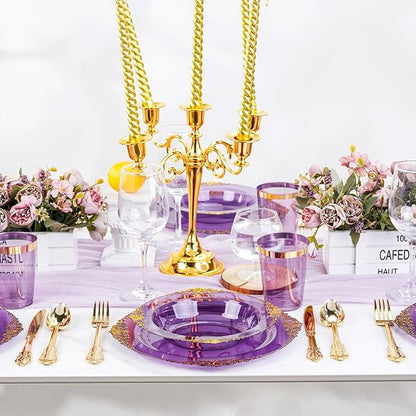 Nervure 50PCS Purple Plastic Bowls with Gold Rim - 12oz Disposable Soup Bowls, Heavy Duty Salad Dessert Bowl Perfect For Weddings, Parties and Everyday Use